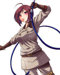 Rule 34 | 1girl, brown hair, gloves, highres, red eyes, short hair, simple background, solo, the king of fighters, whip, whip (kof), white background, yume no tanuki