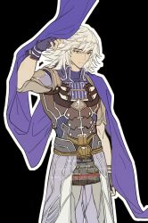 Rule 34 | 1boy, armor, artist name, black background, black gloves, cape, commentary request, commission, cowboy shot, fingerless gloves, gloves, highres, jin (xenoblade), male focus, medium hair, muscular, muscular male, purple cape, raininmoradain, simple background, solo, white hair, xenoblade chronicles (series), xenoblade chronicles 2