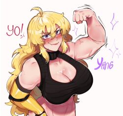 Rule 34 | 1girl, abs, ahoge, black choker, black sports bra, blonde hair, blush, bottomless, breasts, character name, choker, cleavage, clenched hand, commentary, english commentary, fang, flexing, hair between eyes, hand on own hip, hentaly, highres, large breasts, lips, long hair, looking at viewer, mechanical arms, out-of-frame censoring, purple eyes, rwby, single mechanical arm, skin fang, solo, sports bra, veins, veiny arms, yang xiao long