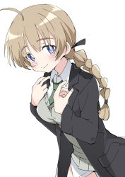 Rule 34 | 1girl, ahoge, blue eyes, braid, brown hair, closed mouth, green necktie, ixy, long hair, long sleeves, looking at viewer, lynette bishop, necktie, simple background, single braid, smile, solo, strike witches, white background, world witches series