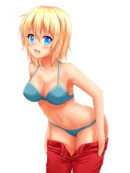 Rule 34 | 1girl, bare shoulders, black panties, blonde hair, blue bra, blue eyes, bra, breasts, cleavage, clothes pull, collarbone, eyebrows, hair between eyes, highres, leaning forward, looking at viewer, medium breasts, navel, nottytiffy, open mouth, original, panties, pants, pants pull, red pants, short hair, simple background, solo, underwear, undressing, white background