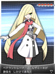 Rule 34 | 1girl, absurdres, alternate color, alternate costume, arrow (symbol), belt, blonde hair, blunt bangs, buttons, coat, commentary request, cosplay, creatures (company), game freak, green eyes, grin, hand on own hip, highres, kneehighs, knees, long hair, long sleeves, looking at viewer, lusamine (pokemon), nail polish, nintendo, orange nails, poke ball symbol, pokemon, pokemon sm, pokemon xy, scarf, shabana may, smile, socks, solo, teeth, trainer wants to battle, translated, veteran (pokemon), veteran (pokemon) (cosplay), white coat
