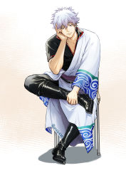 Rule 34 | 1boy, black footwear, black pants, black shirt, blouse, boots, chair, closed mouth, collarbone, gintama, grey hair, hadanugi dousa, hair between eyes, hand up, highres, japanese clothes, kimono, knee boots, light smile, long sleeves, looking at viewer, male focus, on chair, open clothes, open kimono, pants, pants tucked in, red eyes, ribbon-trimmed sleeves, ribbon trim, sakata gintoki, shirt, short sleeves, sitting, solo, uraki (tetsu420), white kimono, wide sleeves