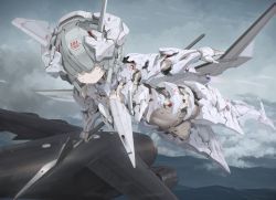 Rule 34 | 1girl, ace combat, ace combat 7: skies unknown, adfx-10, aircraft, airplane, android, c17 globemaster iii, cloud, cloudy sky, commentary, covered eyes, day, drone, fingerless gloves, flying, frown, gloves, helmet, hill, mecha musume, midriff, muted color, outdoors, personification, polearm, prototype design, sky, solo, spear, tom-neko (zamudo akiyuki), unmanned aerial vehicle, unmanned combat aerial vehicle, weapon