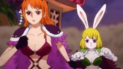 Rule 34 | 2girls, alternate costume, animated, animated gif, beast pirates, beast pirates uniform, blonde hair, breasts, brown eyes, carrot (one piece), cleavage, gasp, happy, jumping, large breasts, mink tribe, multiple girls, nami (one piece), nami (one piece) (wano), one piece, orange hair, rabbit ears, revealing clothes, running, screencap, smile, smoke, toei animation, white fur, zooming in