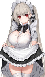Rule 34 | 1girl, alternate costume, azur lane, between breasts, blush, bra, bra visible through clothes, breasts, cleavage, clothes lift, dress, enmaided, formidable (azur lane), frills, grey hair, hair ribbon, large breasts, long hair, looking at viewer, maid, red eyes, ribbon, see-through, see-through dress, skirt, skirt lift, smile, solaris (sinhyg), solo, thighhighs, twintails, underwear, very long hair, white thighhighs
