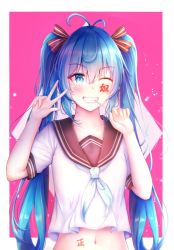 Rule 34 | 1girl, alternate costume, antenna hair, blue eyes, blue hair, blue neckerchief, blush, body writing, bow, brown sailor collar, candy, drawing on another&#039;s face, endsmall min, fingernails, food, food in mouth, grin, hair between eyes, hair bow, hands up, hatsune miku, highres, lollipop, long hair, mouth hold, navel, neckerchief, one eye closed, red bow, sailor collar, school uniform, serafuku, shirt, short sleeves, smile, solo, striped, striped bow, tally, translation request, twintails, upper body, v, very long hair, vocaloid, white shirt