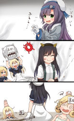 Rule 34 | 3koma, 4girls, @ @, abyssal ship, alternate costume, anger vein, arm warmers, asashio (kancolle), baseball bat, black hair, black neckwear, blonde hair, blue eyes, blue sailor collar, character request, coat, comic, comiching, commentary request, cosplay, costume switch, dress, enemy lifebuoy (kancolle), gloves, gradient background, gradient hair, green eyes, hat, head bump, highres, horns, janus (kancolle), janus (kancolle) (cosplay), jervis (kancolle), kantai collection, long hair, matsuwa (kancolle), multicolored hair, multiple girls, nail, nail bat, oni horns, parted bangs, purple hair, sailor collar, sailor dress, sailor hat, shirt, short sleeves, suspenders, translation request, trembling, upper body, white background, white dress, white gloves, white headwear, white shirt