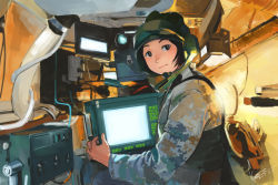 Rule 34 | 1girl, black eyes, black hair, camouflage, camouflage jacket, closed mouth, dated, dated commentary, from behind, headphones, jacket, looking at viewer, looking back, microphone, original, signature, sitting, solo, somehira katsu, tank interior, vehicle interior