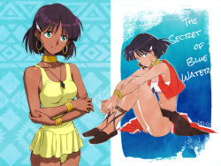 Rule 34 | 1girl, aqua eyes, bandeau, bangle, black hair, bracelet, breasts, commentary request, copyright name, cowboy shot, cropped jacket, dark skin, dark-skinned female, earrings, full body, fushigi no umi no nadia, hair ornament, highres, hoop earrings, jewelry, kei-co, loincloth, medium breasts, multiple views, nadia la arwall, navel, neck ring, necklace, one-piece swimsuit, own hands together, short hair, sitting, sketch, sleeveless, sleeveless jacket, smile, strapless, swimsuit, tube top