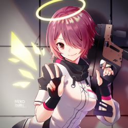 Rule 34 | 1girl, absurdres, arknights, artist name, black gloves, breasts, commentary request, exusiai (arknights), fingerless gloves, gloves, gun, hair over one eye, halo, hands up, high collar, highres, holding, holding gun, holding weapon, indoors, jacket, left-handed, lili mdoki, looking at viewer, medium breasts, partial commentary, raglan sleeves, red eyes, red hair, short hair, short sleeves, smile, solo, upper body, w, weapon, white jacket