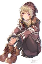 Rule 34 | 10s, 1girl, 2016, ankle boots, artist name, blonde hair, boots, brown footwear, closed mouth, cross-laced footwear, dated, dress, eyebrows, facial mark, final fantasy, final fantasy xiv, hat, highres, knees up, lace-up boots, long hair, long sleeves, miqo&#039;te, momoko (momopoco), off-shoulder dress, off shoulder, own hands together, pantyhose, poncho, purple eyes, signature, simple background, sitting, slit pupils, smile, solo, twitter username, v arms, warrior of light (ff14), whisker markings, white background