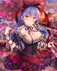 Rule 34 | 1girl, black bow, black ribbon, blush, bow, breasts, cleavage, earrings, falkyrie no monshou, holding, holding umbrella, jewelry, large breasts, light purple hair, long hair, looking at viewer, natsumekinoko, official art, parasol, red eyes, red ribbon, ribbon, smile, solo, umbrella