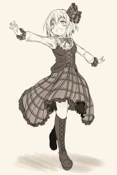 Rule 34 | 1girl, :d, alternate costume, boots, bow, bowtie, cross-laced footwear, erechan, full body, greyscale, hair ribbon, highres, knee boots, long sleeves, looking at viewer, monochrome, open mouth, outstretched arms, plaid, plaid ribbon, plaid skirt, ribbon, rumia, shirt, short hair, simple background, skirt, smile, solo, spread arms, standing, standing on one leg, touhou