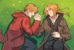 Rule 34 | 2boys, :d, ^ ^, alphonse elric, backlighting, black pants, brothers, brown coat, buttons, closed eyes, coat, conqueror of shambala, dress shirt, edward elric, esu (825098897), closed eyes, feet out of frame, flamel symbol, flower, fullmetal alchemist, gloves, grass, holding hands, happy, highres, interlocked fingers, light smile, looking at another, lying, male focus, multiple boys, nature, on back, on side, open mouth, pants, ponytail, profile, red coat, shadow, shirt, siblings, smile, vest, white gloves, white shirt, yellow eyes, yellow flower