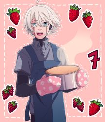 Rule 34 | 1boy, :d, ahoge, apron, blue apron, blueberry, cake, cheer (cheerpuppy14), collared shirt, cowboy shot, danganronpa (series), danganronpa v3: killing harmony, food, fruit, grey eyes, grey hair, grey shirt, hair between eyes, highres, holding, holding cake, holding food, k1-b0, looking at viewer, male focus, mittens, open mouth, outline, pink background, pink mittens, shirt, short hair, smile, solo, strawberry, white outline