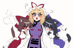 Rule 34 | 3girls, ?, absurdres, alternate color, animal ears, black hair, blonde hair, blush, bow, brown hair, cat ears, cat tail, commentary request, detached sleeves, dress, dual persona, frilled bow, frilled hair tubes, frills, hair bow, hair tubes, hakurei reimu, hat, hat ribbon, highres, hug, korean commentary, long hair, long sleeves, mob cap, multiple girls, musical note, open mouth, purple bow, purple eyes, purple skirt, purple tabard, red bow, red eyes, red ribbon, ribbon, ribbon-trimmed sleeves, ribbon trim, skirt, tabard, tail, tohou89, touhou, yakumo yukari, yuri