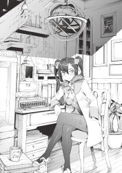 Rule 34 | 2girls, absurdres, black pantyhose, blush, bookshelf, bow, breasts, chair, cleavage, coat, crossed legs, cup, fischl (genshin impact), flower pot, genshin impact, greyscale, hair bow, high heels, highres, indoors, kyouyasai4423, mona (genshin impact), monochrome, mug, multiple girls, open clothes, open coat, pantyhose, sitting, smile, solo, table, twintails, typewriter