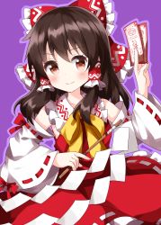 Rule 34 | 1girl, amulet, bare shoulders, blush, bow, brown hair, closed mouth, collar, detached sleeves, dress, gohei, hair between eyes, hair tubes, hakurei reimu, hands up, highres, long sleeves, looking at viewer, medium hair, orange eyes, purple background, red bow, red dress, ruu (tksymkw), simple background, smile, solo, touhou, white collar, white sleeves, yellow bow, yellow neckwear