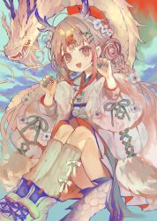 Rule 34 | 1girl, :d, blue nails, blush, braid, brown eyes, brown hair, cha goma, chinese zodiac, commentary request, double bun, dragon girl, dragon horns, dragon tail, hair bun, hands up, highres, horns, japanese clothes, kimono, long hair, long sleeves, looking at viewer, nail polish, obi, open mouth, original, puffy long sleeves, puffy sleeves, ribbed legwear, ribbed socks, sash, shoes, smile, socks, solo, tail, twin braids, very long hair, white footwear, white kimono, white socks, year of the dragon