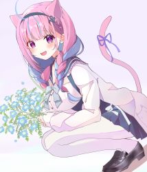 Rule 34 | 1girl, ahoge, anchor hair ornament, animal ears, black footwear, black skirt, blue bow, blue hair, blue ribbon, blush, bow, braid, cat ears, cat tail, commentary, flower, french braid, full body, hair ornament, hairband, highres, holding, holding flower, hololive, jacket, kemonomimi mode, legs together, light blue hair, loafers, long sleeves, looking at viewer, medium hair, minato aqua, minato aqua (sailor), miniskirt, multicolored hair, neck ribbon, official alternate costume, open clothes, open jacket, open mouth, pantyhose, pink hair, pleated skirt, purple background, purple eyes, purple ribbon, ribbon, sailor collar, shirt, shoes, simple background, skirt, smile, solo, squatting, streaked hair, tail, tail ornament, tail ribbon, twin braids, twintails, two-tone hair, virtual youtuber, white jacket, white pantyhose, white shirt, yoshioka pochi