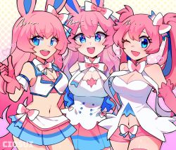 Rule 34 | 3girls, :d, ;d, animal ears, bare shoulders, blue eyes, bow, breasts, ciosuii, cleavage, cowboy shot, creatures (company), dress, game freak, gen 6 pokemon, gloves, hair bow, highres, large breasts, long hair, looking at viewer, medium breasts, midriff, miniskirt, multiple girls, navel, nintendo, one eye closed, open mouth, personification, pink gloves, pink hair, pink shorts, pokemon, short shorts, shorts, skirt, smile, strapless, sylveon, twintails
