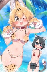 Rule 34 | 2girls, :3, animal ears, animal hands, armpits, backpack, bag, bare shoulders, bikini, black gloves, black hair, blonde hair, blue eyes, blush, bow, cat day, cat ears, cat girl, cat tail, claw pose, collar, collarbone, covering crotch, covering privates, cowboy shot, elbow gloves, extra ears, fang, gloves, grey shorts, hair between eyes, highres, kaban (kemono friends), kemono friends, looking at viewer, midriff, multiple girls, navel, ocean, one eye closed, open mouth, palm tree, partially submerged, paw gloves, paw pose, print bikini, print gloves, print legwear, ransusan, red bikini, red bow, red collar, serval (kemono friends), serval print, shiny skin, short hair, shorts, skindentation, sky, standing, stomach, string bikini, swimsuit, tail, tail bow, tail ornament, thigh gap, thighhighs, tree, wading, wet, yellow eyes, zettai ryouiki