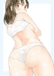 Rule 34 | 1girl, ass, bare arms, bare shoulders, blue border, blush, border, breasts, brown eyes, brown hair, cowboy shot, expressionless, from behind, hair ornament, hairclip, huge ass, looking at viewer, looking back, medium breasts, original, panties, plump, r35 (artist), short hair, sideboob, sidelocks, simple background, solo, standing, tank top, thick thighs, thighs, underwear, undressing, wedgie, white background, white panties