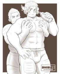 Rule 34 | 2boys, abs, animal ears, bara, blush, bottle, bulge, couple, cow ears, cowboy shot, facial hair, fiery horns, forked eyebrows, glowing horns, goatee, grabbing, greyscale, horns, male focus, manly, monochrome, multiple boys, muscular, native american, navel, pectoral grab, pectorals, shibao, short hair, sideburns, smile, sportswear, sweatdrop, tamamura gunzo, thick eyebrows, thick thighs, thighs, tight clothes, tokyo houkago summoners, wakan tanka, water bottle, yaoi
