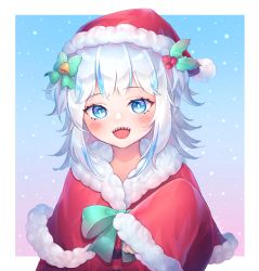 Rule 34 | 1girl, :d, bell, blue eyes, blue hair, blush, border, bow, capelet, christmas, commentary, fur-trimmed capelet, fur-trimmed headwear, fur-trimmed jacket, fur trim, gawr gura, gradient hair, green bow, hair bell, hair bow, hair ornament, hand up, hat, highres, hololive, hololive english, jacket, lacieon, long hair, long sleeves, looking at viewer, multicolored hair, open mouth, red capelet, red hat, santa costume, santa hat, sharp teeth, sleeves past wrists, smile, solo, streaked hair, teeth, upper body, upper teeth only, virtual youtuber, white border
