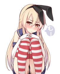 Rule 34 | 10s, 1girl, bad id, bad pixiv id, black panties, blonde hair, blush, brown eyes, elbow gloves, gloves, hairband, highres, kantai collection, long hair, looking at viewer, panties, partially visible vulva, personification, shimakaze (kancolle), shuuichi, simple background, solo, striped clothes, striped thighhighs, thighhighs, underwear, white background, white gloves