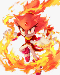 Rule 34 | 1girl, animal ears, animal nose, blaze the cat, burning blaze, commentary, english commentary, fire, forehead jewel, full body, furry, furry female, gloves, highres, long sleeves, looking at viewer, orange eyes, pants, pink footwear, pink fur, ponytail, rayactive factory, simple background, solo, sonic (series), sonic rush, tail, white background, white gloves, white pants