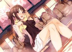 Rule 34 | 10s, 1girl, :d, alternate hairstyle, blush, breasts, brown eyes, brown hair, dutch angle, end card, hair ornament, iida nana, impossible clothes, impossible shirt, long hair, looking at viewer, onsen, open mouth, ponytail, rail wars!, shirt, sitting, skirt, smile, soaking feet, solo, steam, sweat, towel, towel around neck, vania600, watch, water, wet, wristwatch