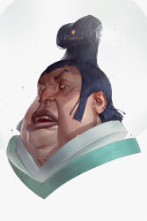 Rule 34 | 1boy, absurdres, black hair, character name, collar, cropped shoulders, fat, fat man, green collar, grey background, highres, looking at viewer, medium hair, one piece, open mouth, patrick ganas, portrait, saint charlos, snot, sweat, teeth, topknot