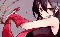 Rule 34 | 10s, 1girl, akame (akame ga kill!), akame ga kill!, bare shoulders, black hair, breasts, closed mouth, female focus, gauntlets, grey background, highres, holding, katana, large breasts, long hair, looking at viewer, official art, red eyes, simple background, solo, solo focus, square enix, sword, tashiro tetsuya, very long hair, weapon