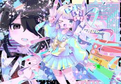 Rule 34 | 2girls, ame-chan (needy girl overdose), black hair, black nails, black ribbon, blue bow, blue eyes, blue hair, blue nails, blush, bow, chouzetsusaikawa tenshi-chan, drill hair, grey eyes, hair bow, heart, holographic clothing, internet, large bow, livestream, long sleeves, looking at viewer, multicolored hair, multicolored nails, multiple girls, nail polish, needy girl overdose, one eye closed, one eye covered, own hands together, paint, paint splatter, pink bow, pink hair, pink nails, purple bow, red nails, ribbon, saliva, short hair, short sleeves, skirt, super chat, tearing up, tears, thighs, twin drills, twintails, usagi nui, v, white hair
