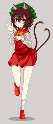 Rule 34 | 1girl, absurdres, animal ears, blush, bow, brown eyes, brown hair, cat ears, cat girl, cat tail, chen, earrings, female focus, furagu, hat, heart, highres, jewelry, multiple tails, simple background, skirt, smile, solo, tail, touhou, waving