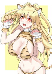 Rule 34 | 1girl, :d, alternate costume, animal ears, animal hands, animal print, bare shoulders, blonde hair, blush, bra, breasts, chinese zodiac, claw pose, claws, cleavage, cowboy shot, fang, gloves, groin, hands up, happy, highres, hip focus, kami jigen game neptune v, large breasts, leaning forward, long hair, looking at viewer, midriff, navel, neptune (series), open mouth, paid reward available, panties, paw gloves, pish, power symbol, power symbol-shaped pupils, red eyes, slit pupils, smile, solo, symbol-shaped pupils, tail, tiger ears, tiger girl, tiger paws, tiger print, tiger stripes, tiger tail, underwear, underwear only, very long hair, year of the tiger, yellow heart (neptunia), zatsu