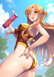 Rule 34 | 1girl, ass, asuna (sao), bare shoulders, blonde hair, blush, bottle, braid, breasts, competition swimsuit, covered erect nipples, from side, hassen (8cm), highleg, highleg swimsuit, holding, holding bottle, large breasts, long hair, looking at viewer, one-piece swimsuit, open mouth, orange eyes, outdoors, parted bangs, sky, sleeveless, smile, solo, swimsuit, sword art online, yellow one-piece swimsuit