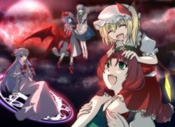 Rule 34 | 5girls, :d, apron, beret, blonde hair, blue dress, blush, carrying, dress, female focus, flandre scarlet, frills, hal (goshujinomocha), hal (haruna), hat, hong meiling, izayoi sakuya, looking at viewer, magic circle, mob cap, moon, multiple girls, one side up, open mouth, patchouli knowledge, piggyback, puffy short sleeves, puffy sleeves, red eyes, red moon, remilia scarlet, short sleeves, shoulder carry, side ponytail, silver hair, smile, star (symbol), embodiment of scarlet devil, touhou, upper body, waist apron