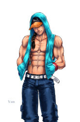 Rule 34 | 1boy, abs, bare shoulders, baseball cap, belt, braid, brown eyes, brown hair, capcom, character name, collarbone, denim, f-15jrs, hands in pockets, hat, hood, hoodie, jeans, looking at viewer, male focus, muscular, navel, open clothes, open hoodie, pants, simple background, single braid, sleeveless, sleeveless hoodie, smile, solo, standing, street fighter, street fighter iii (series), white background, wristband, yun lee