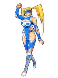 Rule 34 | 1990s (style), 1girl, bare shoulders, bengus, blonde hair, blue eyes, boots, breasts, capcom, cleavage, female focus, full body, heart, hip focus, mask, official art, rainbow mika, retro artstyle, short twintails, simple background, solo, standing, street fighter, street fighter zero (series), twintails, white background, wrestler