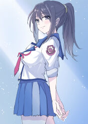 Rule 34 | 1girl, absurdres, angel beats!, arms behind back, blue background, blue sailor collar, blue skirt, blush, breasts, brown eyes, brown hair, closed mouth, commentary, cowboy shot, eyelashes, eyes visible through hair, from side, hair between eyes, highres, hisako (angel beats!), long hair, looking at viewer, medium breasts, neckerchief, pink neckerchief, pleated skirt, ponytail, sailor collar, shinda sekai sensen uniform, shirt, simple background, sketch, skirt, sleeves rolled up, smile, solo, tazu, white shirt
