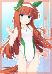 Rule 34 | 1girl, animal ears, artist name, blunt bangs, character name, competition swimsuit, cowboy shot, ear covers, flat chest, gluteal fold, green eyes, hairband, highres, hime cut, horse ears, horse girl, horse tail, inaba shiki, one-piece swimsuit, orange hair, silence suzuka (umamusume), smile, solo, swimsuit, tail, two-tone swimsuit, umamusume, white hairband, white one-piece swimsuit