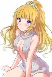 Rule 34 | 1girl, arm support, bare arms, bare shoulders, barefoot, blonde hair, blunt bangs, blush, breasts, cleavage cutout, closed mouth, clothing cutout, commentary request, embarrassed, grey sweater, highres, karuizawa kei, lens flare, lens flare abuse, long hair, medium breasts, meme attire, ponytail, purple eyes, ribbed sweater, scrunchie, seiza, sekina, simple background, sitting, solo, sweater, sweater vest, virgin killer sweater, white background, youkoso jitsuryoku shijou shugi no kyoushitsu e