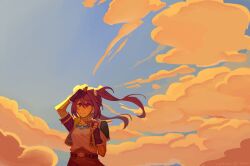 Rule 34 | 1girl, absurdres, armor, black gloves, brown hair, cloud, commentary, cropped jacket, double-parted bangs, eiyuu densetsu, english commentary, estelle bright, fingerless gloves, floating hair, gloves, gradient sky, highres, outdoors, pauldrons, red eyes, short sleeves, shoulder armor, single pauldron, sky, solo, sora no kiseki, twintails, upper body, vyntuse