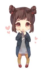 Rule 34 | 1girl, blush, bow, brown hair, chibi, coat, hair bow, hands on own cheeks, hands on own face, heart, highres, khakis, looking at viewer, open mouth, orange eyes, original, red bow, red footwear, sencha (senta 10), shoes, short hair, solo
