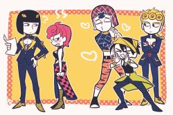 Rule 34 | &gt; &lt;, animal print, black hair, blonde hair, blue eyes, blush, bob cut, bra, braid, bruno bucciarati, bug, checkered clothes, checkered skirt, choker, clenched hands, closed eyes, crop top, crossed arms, giorno giovanna, guido mista, hair ornament, hairband, hairclip, hand on own hip, hat, heart, insect, jojo no kimyou na bouken, ladybug, narancia ghirga, open mouth, own hands clasped, own hands together, pink hair, puckered lips, single braid, skirt, steam, strap, tiger print, trish una, tsunoji, turtleneck, underwear, vento aureo, zipper