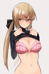 Rule 34 | 1girl, black bow, black shirt, blush, bow, bra, breasts, brown eyes, brown hair, cleavage, grey background, hair between eyes, hair bow, hair ornament, hairclip, highres, kantai collection, komb, large breasts, long hair, long sleeves, low twintails, navel, open bra, parted lips, pink bra, shirt, simple background, solo, tashkent (kancolle), twintails, underwear, unfastened, upper body