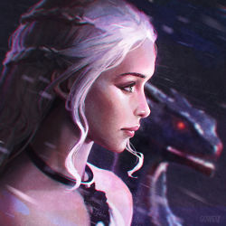 Rule 34 | 1girl, a song of ice and fire, artist name, bare shoulders, blurry, braid, daenerys targaryen, depth of field, dragon, french braid, from side, game of thrones, green eyes, guweiz, jewelry, lips, long hair, monster, multiple braids, neck ring, portrait, profile, rain, realistic, red eyes, sidelocks, sleeveless, smile, upper body, water, white hair